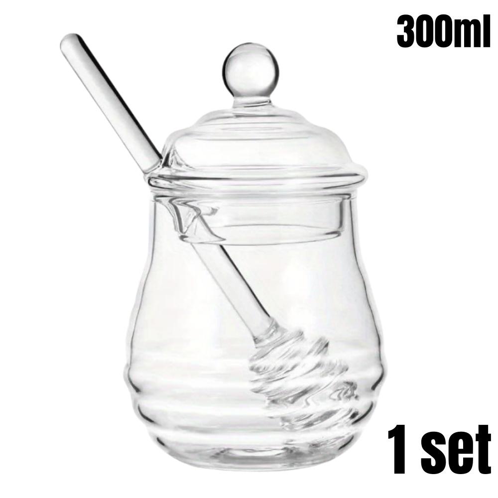 

1/2шт Стеклянная банка для меда с крышкой и палочкой для перемешивания 300 мл Жаростойкий горшочек для меда для подачи сиропа, сахара, хранения. Домашняя кухня Эссен