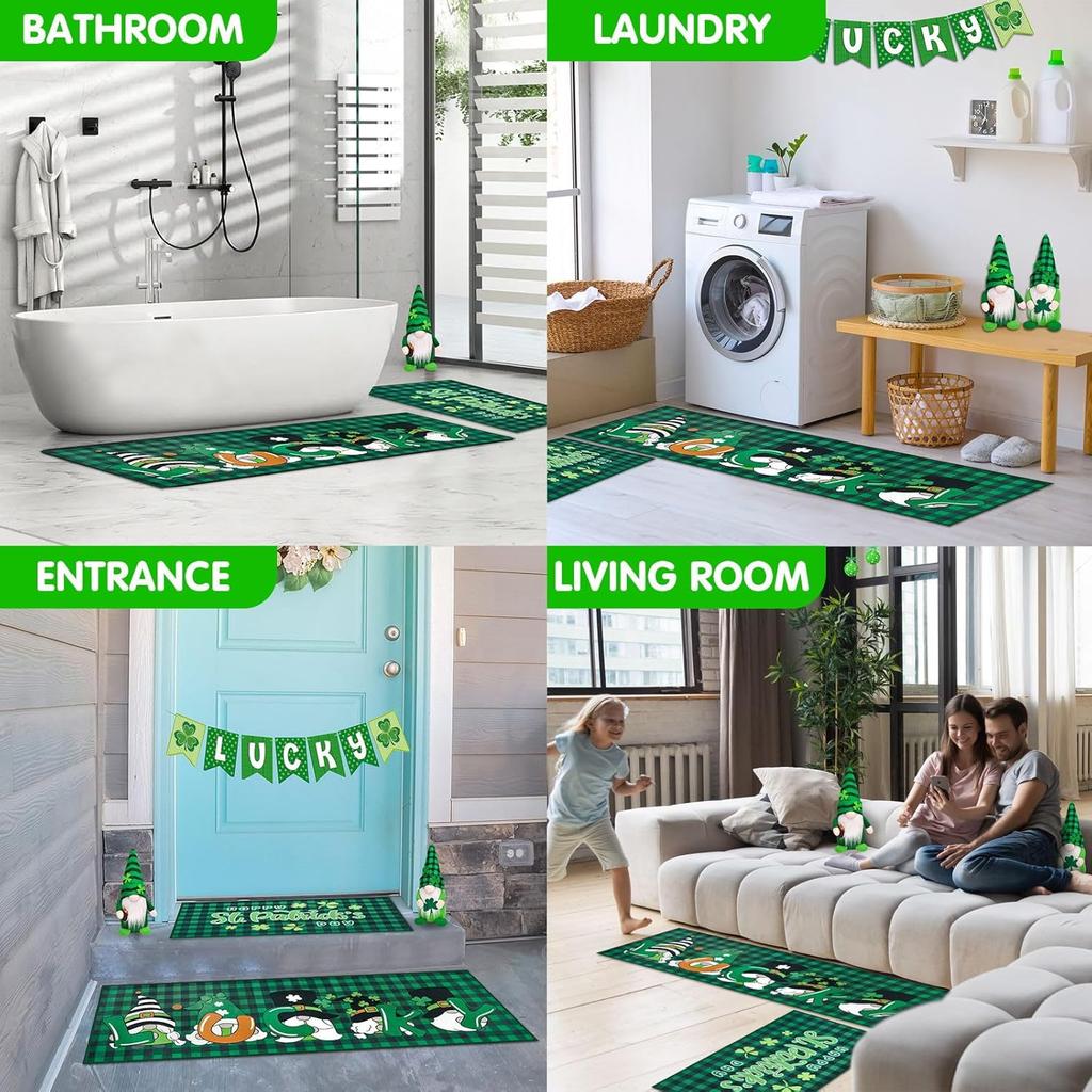St. Patrick's Day Kitchen Rugs Sets of 2 Lucky Shamrock Gnomes Kitchen Mat St Patricks Day Floor Decorations Non Skid Washable Buffalo Plaid Mats for