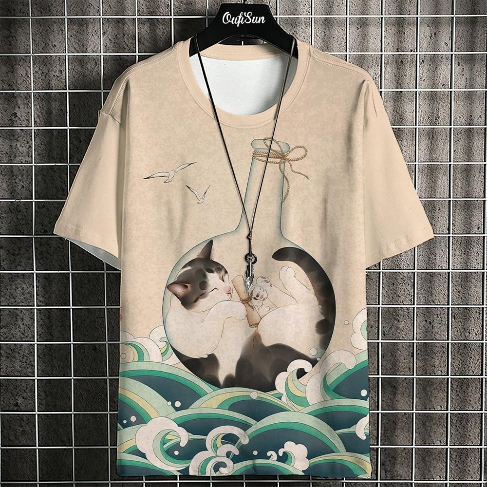 Retro Japanese Ukiyo-e Style Summer 3D Oversized Men's T-shirt Loose and Comfortable Breathable, Suitable for Daily Wear