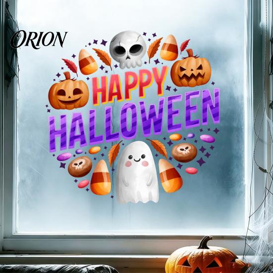 Durable Sunproof Glass Stickers Halloween Window Clings, Cute Ghost Pumpkin Skull Happy Sticker, Reusable Skeleton Theme Party Supplies Double