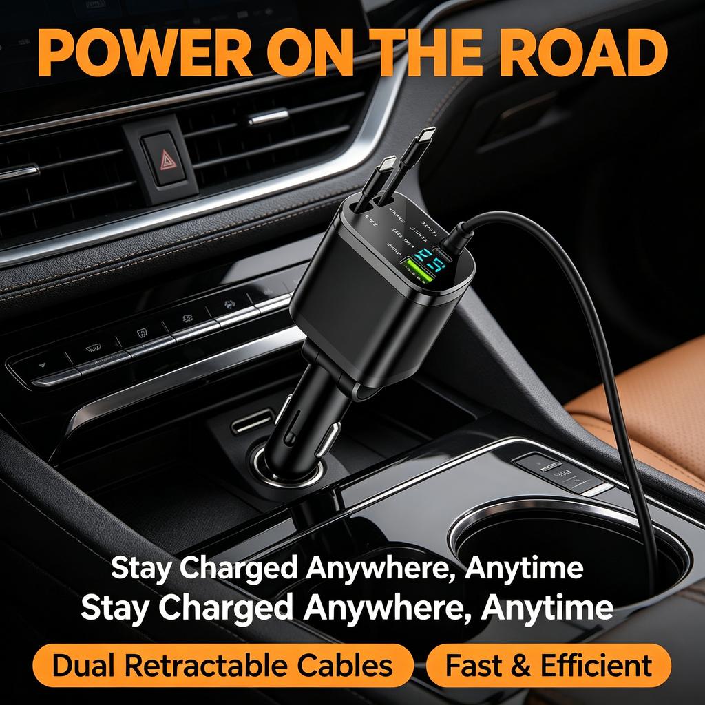 Cargador de coche retráctil con carga rápida, adaptador de 120W con doble cable para dispositivos