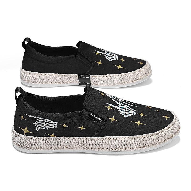 2022 Fashion Black Printed Summer Slip-On Men'S Canvas Shoes Breathable Platform Flat Shoes For Men Comfort Men'S Loafers Casual