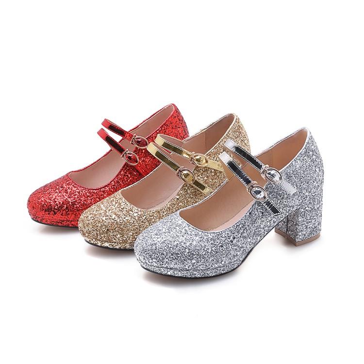 Velikost 33-43 Dámské červené třpytivé zlaté boty na vysokém podpatku, Mary Jane lodičky s dvojitým přezkovým páskem, společenské svatební