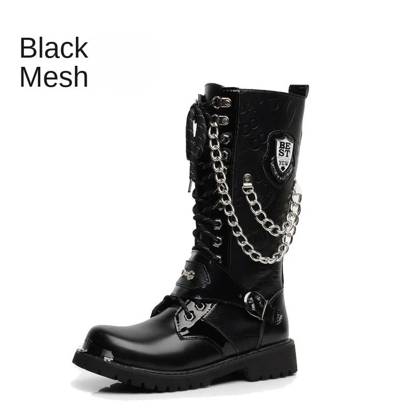 

Мужские кожаные мотоциклетные ботинки Модные ботинки до середины икры на платформе Готические ботинки с ремнем Панк-ботинки для мужчин Дизайнерские байкерские ботинки Мужские 45 чёрный