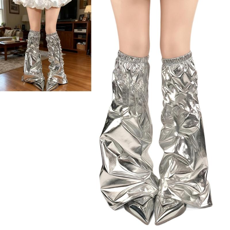 Women Punk PU Leather Leg Warmer Harajuku Grunge Leg Socks Metallic Silver Wide Baggy Boot Covers Gaiters Streetwear
