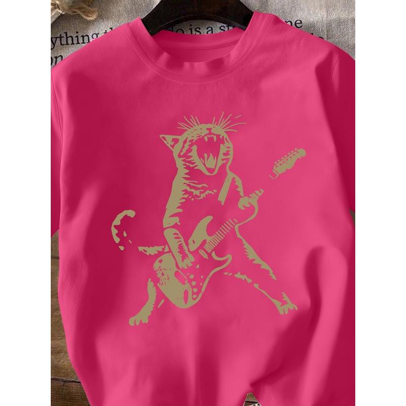 European Size Womens Fashion Spring Summer New Arrival Music Festival Cat Playing Guitar Casual Party Black T Shirt