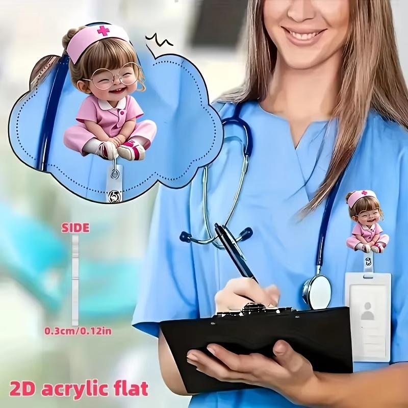 1 Pieza Cordón Retráctil Acrílico Plano 2D Clip para Identificación de Enfermera Insignia con Dibujo de Chica Enfermera Linda con Gafas Soporte para Insignias