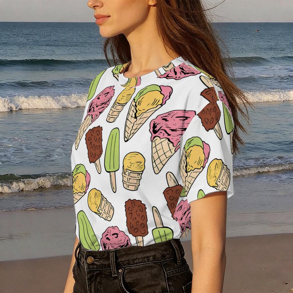 Simple and Personalized Ice Cream Printed Short Sleeved Round Neck T-shirt for Women's Summer Casual Versatile Daily Top