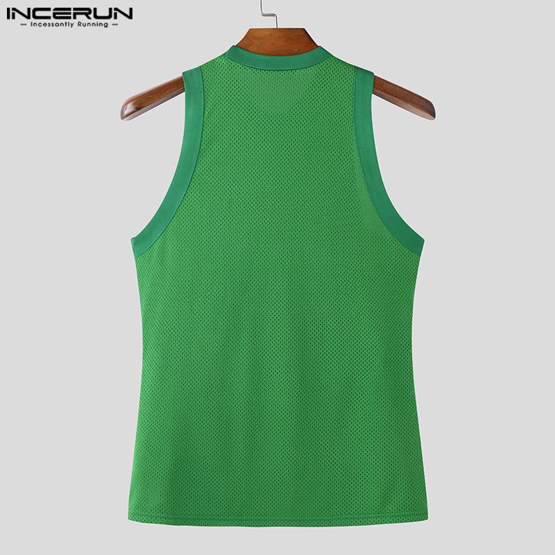 INCERUN Men Summer O Neck Sleeveless Patchwork Stretch Casual Sport Hollow Tank Tops