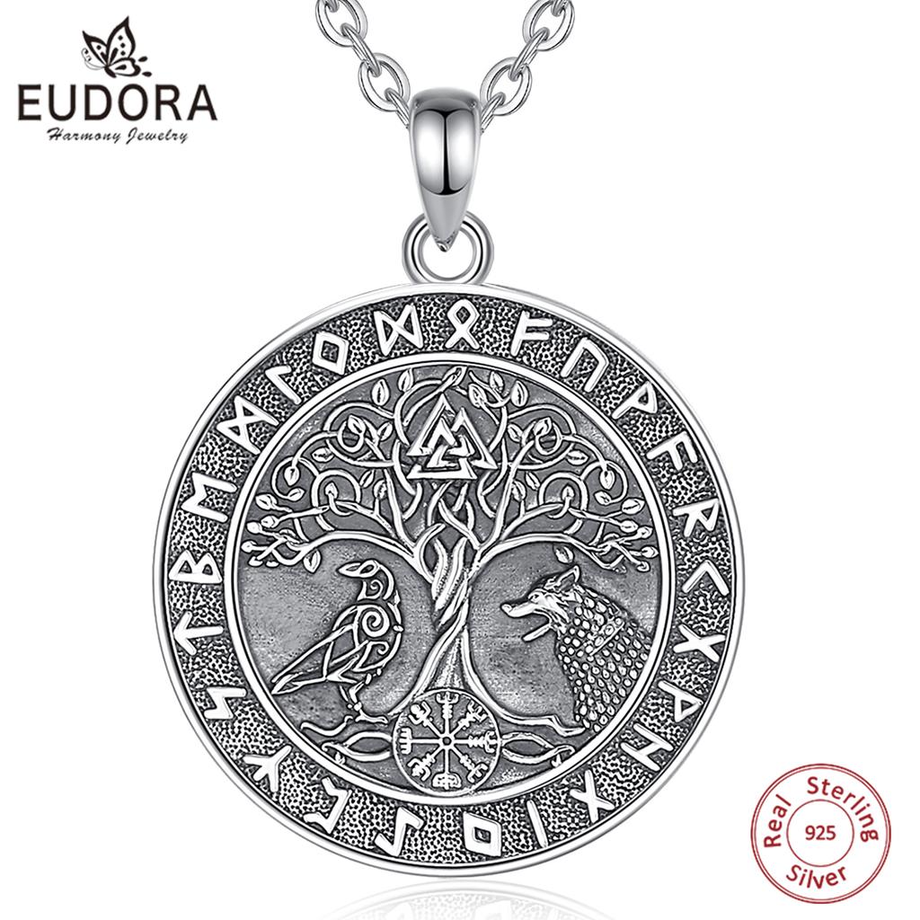 Eudora 925 Silver Viking Wolf Crow Necklace for Women Man Compass Tree of Life Runes Amulet Pendant Personality Jewelry