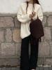 Women's Soft Fluffy Wool Wide-Leg Pants, Thickened Knit Cashmere, Petite Drape Long Straight-Leg.
