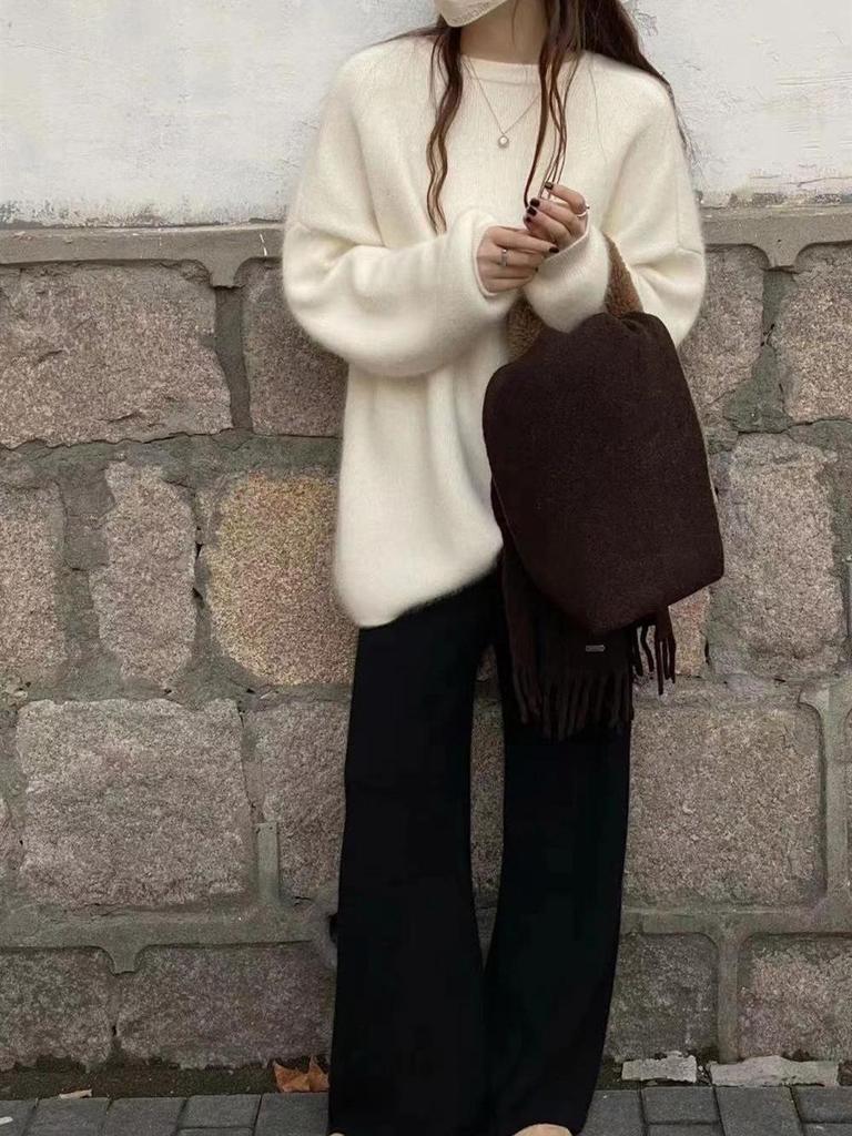 Women's Soft Fluffy Wool Wide-Leg Pants, Thickened Knit Cashmere, Petite Drape Long Straight-Leg.