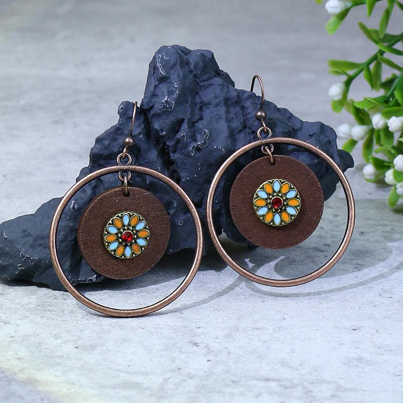Ethnic Vintage Bohemian Drop Danlge Women's Earrings Bead Wooden Tassel Round Geometric Flower Leaf Long Boho Earrings Zircon