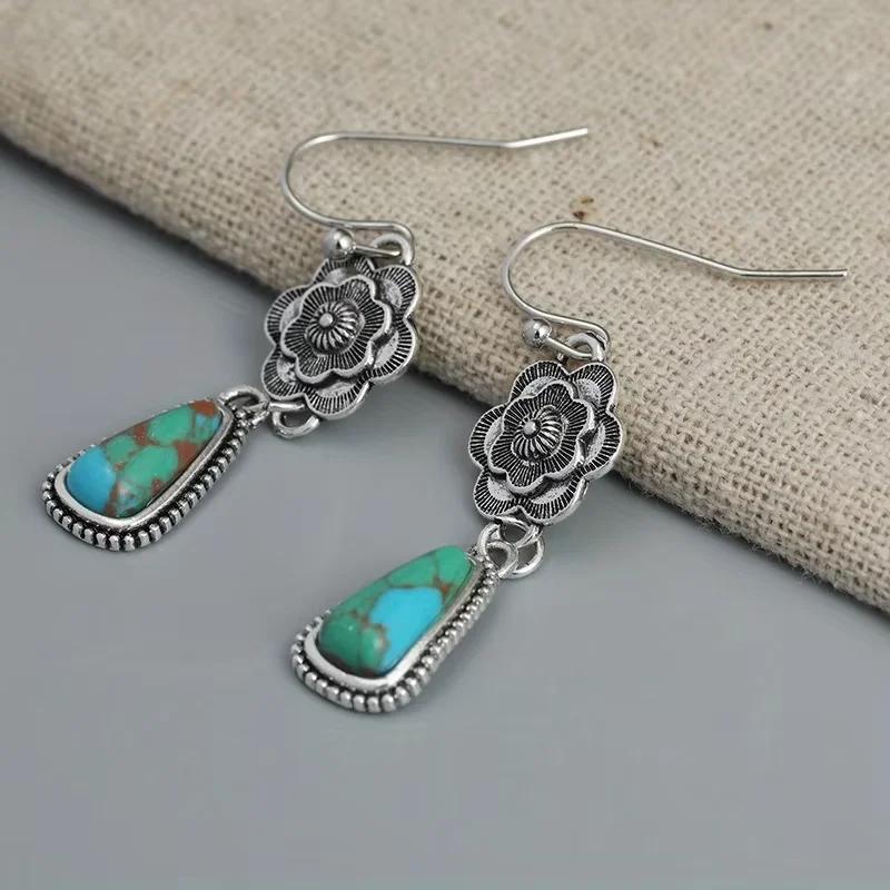 Vintage Ethnic Antique Flower Synthetic Turquoise Pendant Earrings For Birthday Parties Fashionable Jewelry Customization Gifts