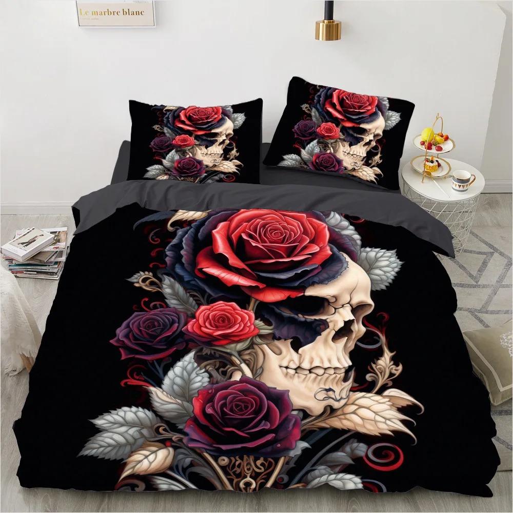 Skull Rose Duvet Cover Set, Gothic Skeleton Bedding Set, Soft Microfiber Quilt Cover Pillowcase, King Queen Size