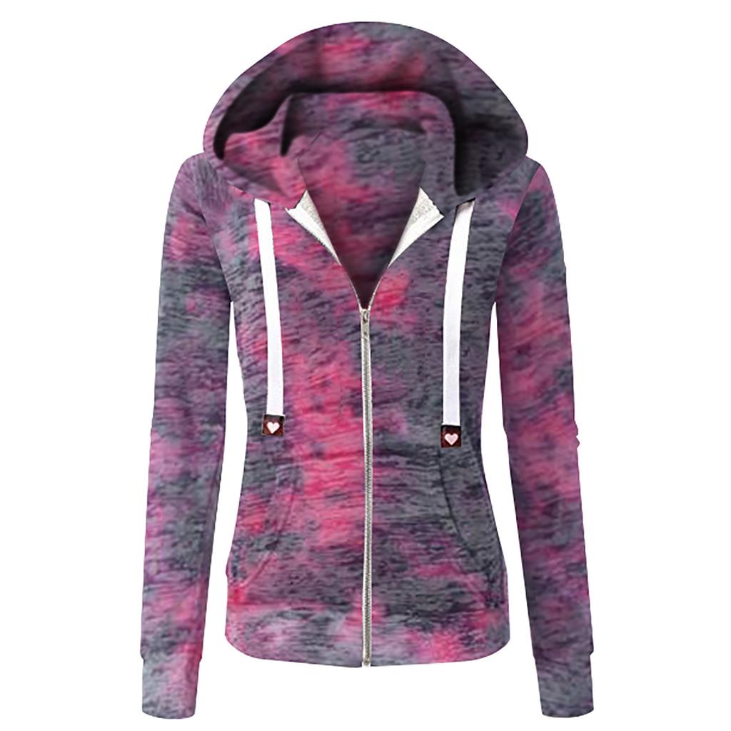 Women Fashion Casual Tie-Dyed Print Zipper Long Sleeve Pocket Loose Coat