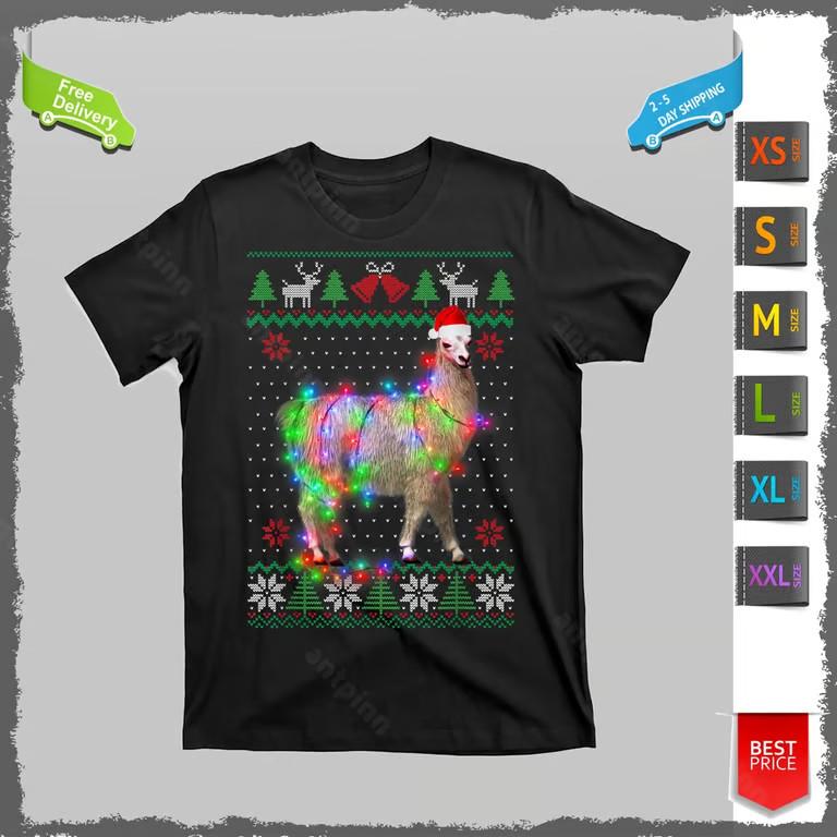 Funny Llama Lights Tangled Ugly Sweater Christmas Animals T-Shirt Unisex Unisex T-Shirt XL