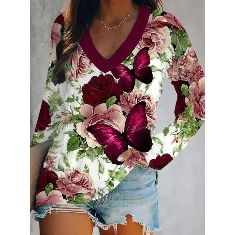 Spring and Autumn V-neck Flower Pattern 3D Printed Top Fashionable Casual Long Sleeved Women's T-shirts