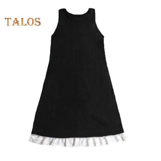 Lady Sundress with Side Pockets Lace Trim Hem A-line Sleeveless Round Neck Solid Color Mini Dress Summer Short Dress for Beach Dating Daily Wear