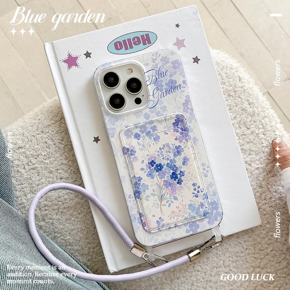 Blue Floral Lanyard Card Holder Suitable for IPhone 16pro Phone Case  IPhone 15 Protective Case  14 Card Insertion 13 Soft