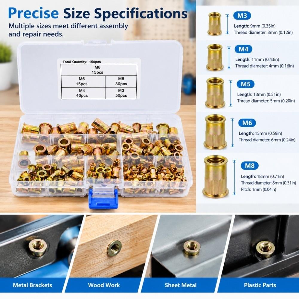 150PCS Gold Rivet Nuts Assortment Steel Threaded Rivnuts Knurled Nuts Set Industrial Applications