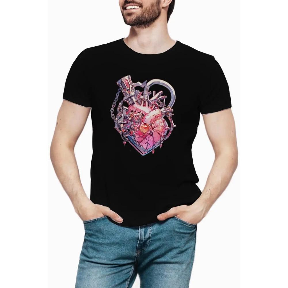 Steampunk Heart Black/White Cotton T-Shirt Unisex - Light Magenta Human Anatomy Print Graphic T-Shirt