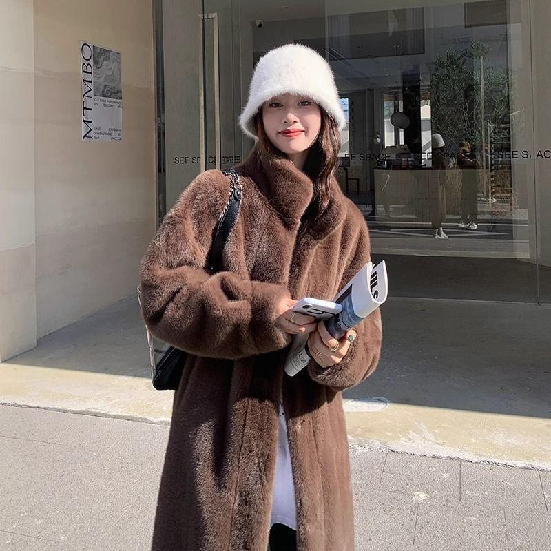 Autumn and Winter Thickened Long Stand-up Collar Imitation Mink Hair Thickened Fur Coat Women's Light Coat