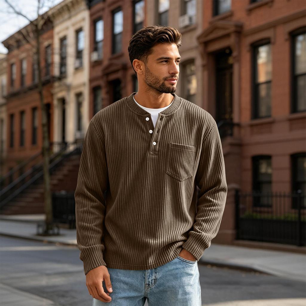 Herren Langarm T-Shirt mit Knopfleiste und Tasche für Freizeit und Sport