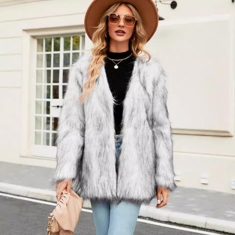 Autumn Winter V-neck Women's Faux Fur Jacket Warm Fashion Casual Short Top Oversize Coat Artificial Fur