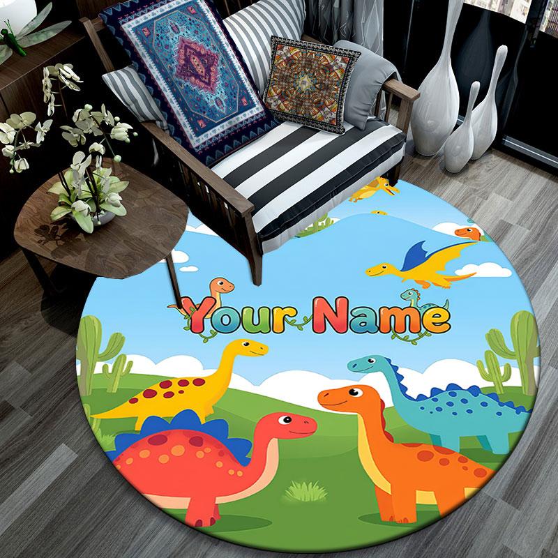 Custom Name,Cute Cartoon Dinosaur pattern round rug,Carpet Rug for Living Room Bedroom Playroom ,Non-slip Floor Mat,Holiday Gifts and Birthday Gifts.