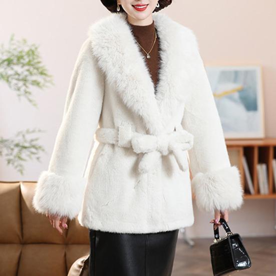 Women's Furry Coat with Faux Fur Collar And Cuff Winter Warm Belted Fuzzy Jacket Long Sleeve Open Front Fluffy Outerwear