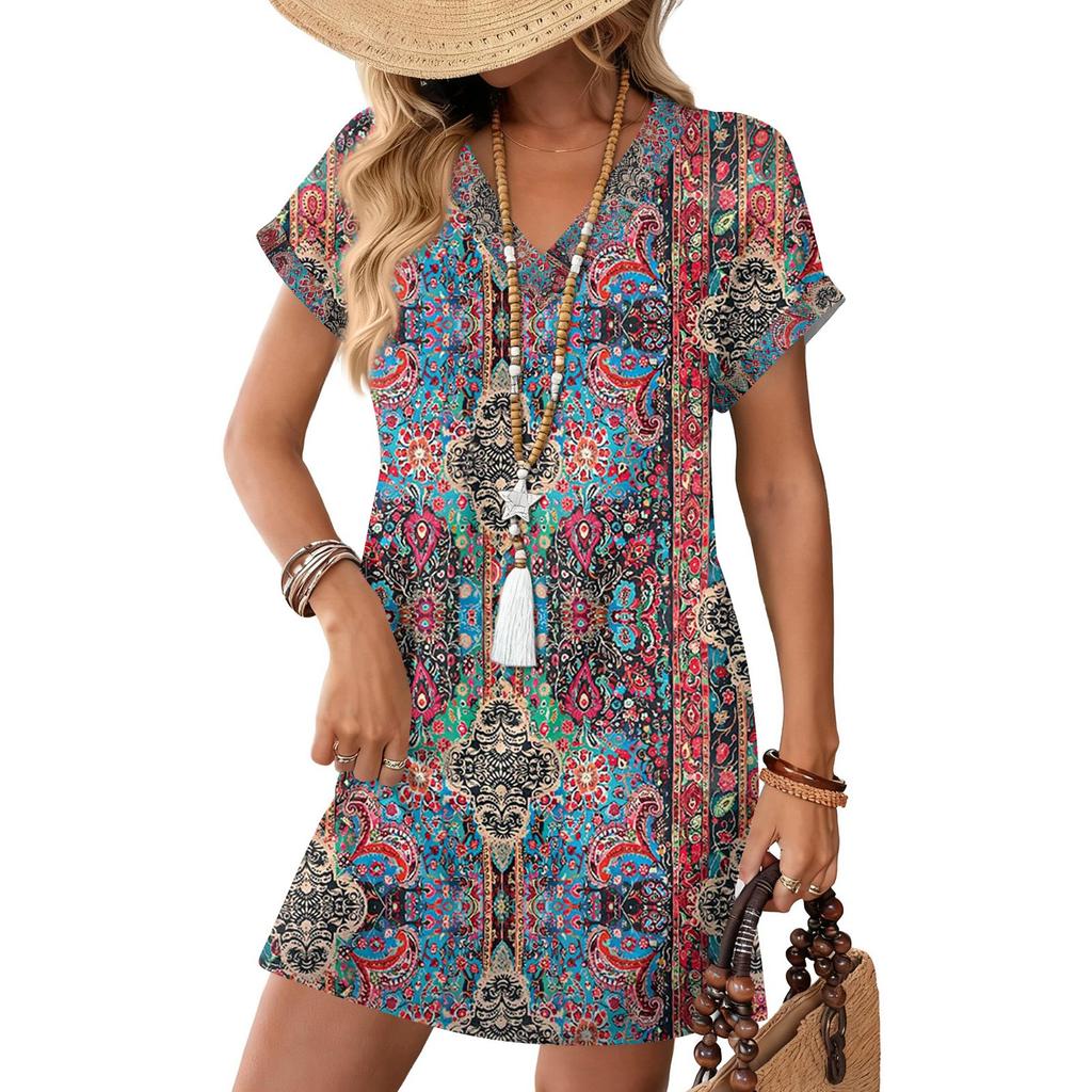 Damenmode Druck V-Ausschnitt Kurzarm Tasche Lässiges Pulloverkleid