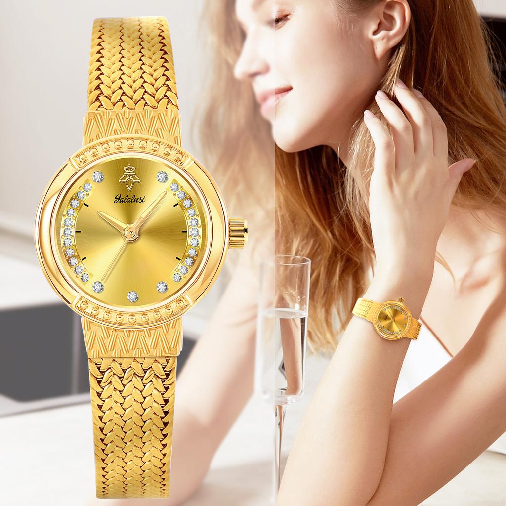 YaLaLuSi Damen Luxus Gold Diamant Zifferblatt Quarz Uhr Schlankes Netzarmband Elegante Damen Kleid Armbanduhr