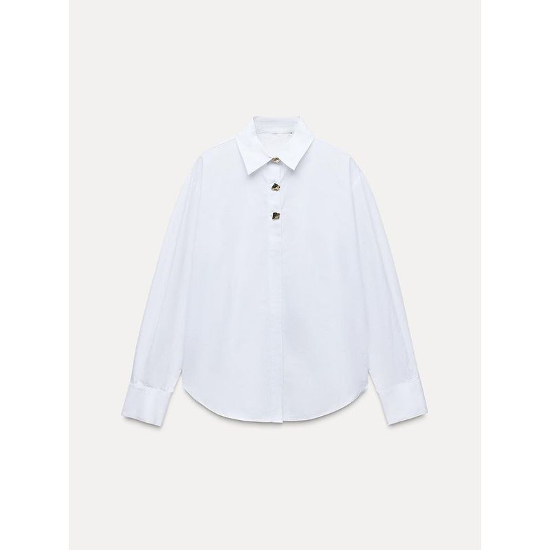 

Za2025 Spring New Women s Clothing Casual Patchwork Button Decoration Poplin Long Sleeves Lapel Simple Shirt 2238534 White L