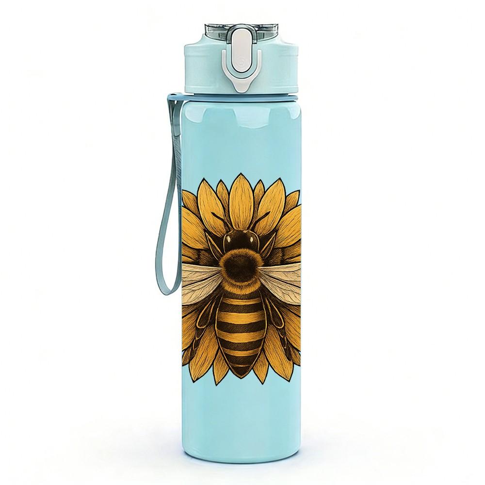 1PC Sunflower Bee Insect Pattern 750ml Color Plastic Sports Water Bottle Leakproof Flip Straw Lid Suitable for Sports Office Home Use