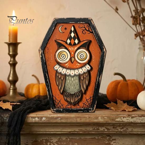 Fall Farmhouse Tabletop Centerpiece Vintage Halloween Wooden Decor, Cat Mummy Skeleton Figurines, Decorative Signs for Fireplace Shelf Mantel
