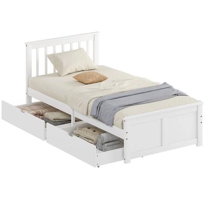 Wooden Single Bed Frame, with Drawers - White
