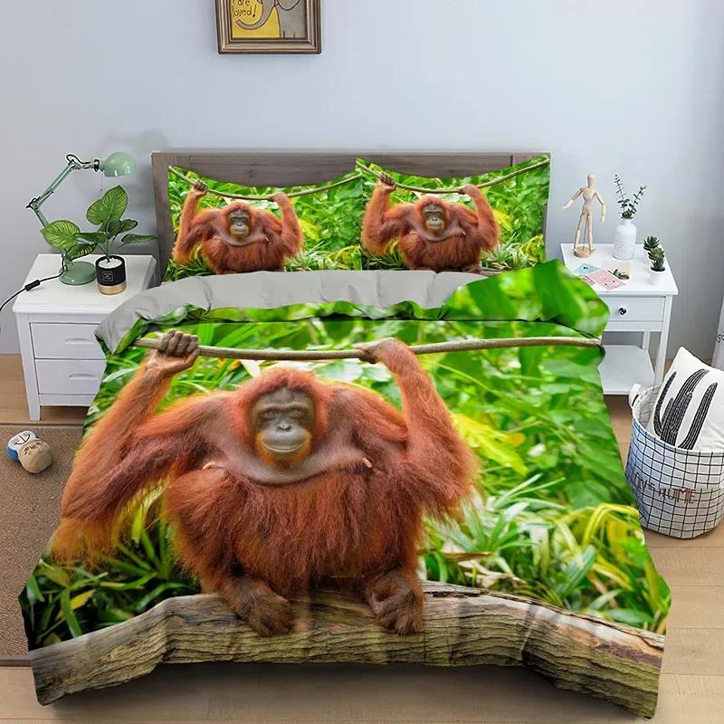 Orangutan Duvet Cover King Queen Size Cute Monkey Bedding Set Palm Leaves Tropical Botanical Polyester Comforter Cover for Adult