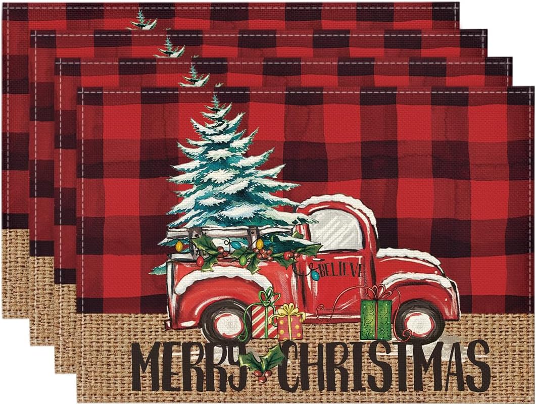 

Buffalo Plaid Truck Merry Christmas Placemats Set of 4 12x18 Inch Xmas Tree Winter Table Mats for Party Kitchen Dining Decor 4pcs