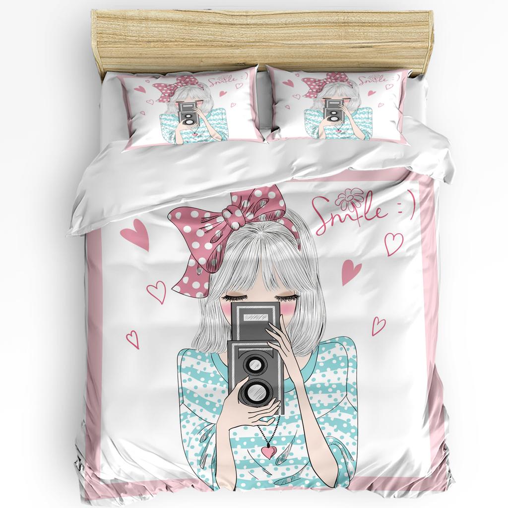 Girl Pink Bow Camera Bedding Set 3pcs Boys Girls Duvet Cover Pillowcase Kids Adult Quilt Cover Double Bed Set Home Textile