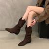 Coarse Heel Khaki Suede Stacking Boots Medium Tube Knight Boots Women's Boots 2025 Autumn and Winter Pointed Head~ V Mouth Thin Boots