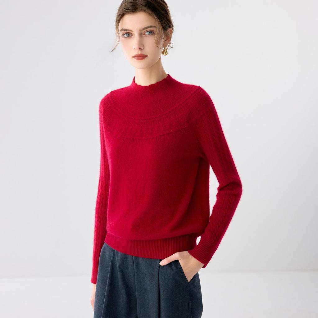 12-Gauge Women's Cashmere Crochet Hollow-Out Turtleneck Pullover Sweater