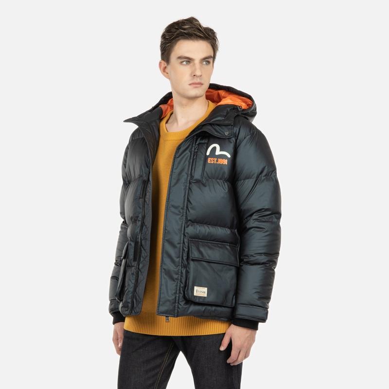 EVISU Down Jackets Men's Black Hooded Moderate Quilted Down Jacket 2EAHTM2NJ753XXPL