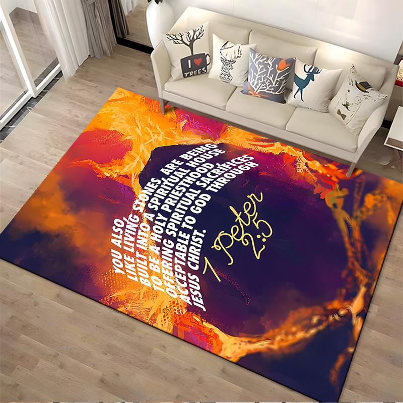 "Spiritual Verse with Fiery Background Rug" Non-slip rug suitable for living room and bedroom sofas.