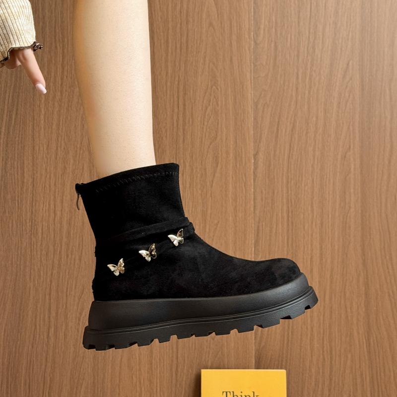 Fashion Wedge Platform Single Boots Autumn New Round Toe Suede Metal Bow Rear Zipper Anti-Slip Wear-Resistant Booties