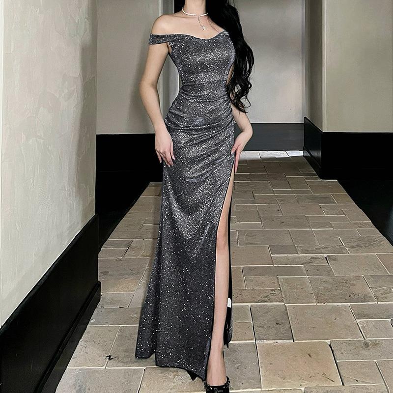 One-shoulder Blue Evening Dress Birthday Party Temperament Adult Ceremony Art Test Performance Dress French Slit Fishtail Skirt