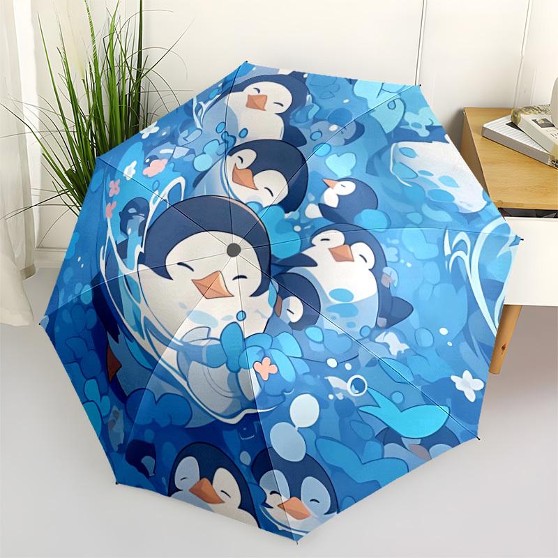 1pc Penguin Party Pattern Automatic Folding Umbrella - Compact 8-Rib Design, Durable Plastic & Iron, Lightweight for Outdoor Daily Use080