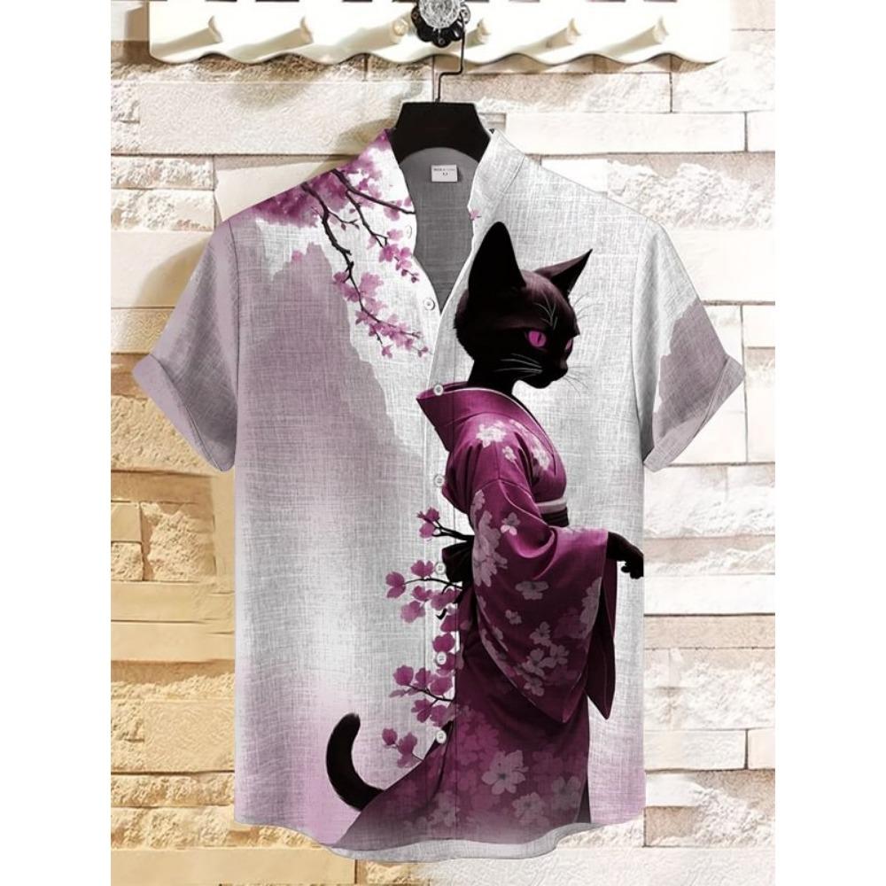 Men's Sunflower Cat All Over Art Print Shirts 3D Anime Hawaiian Shirt Men Women Short Sleeve Lapel Blouse Oversized Y2k Top