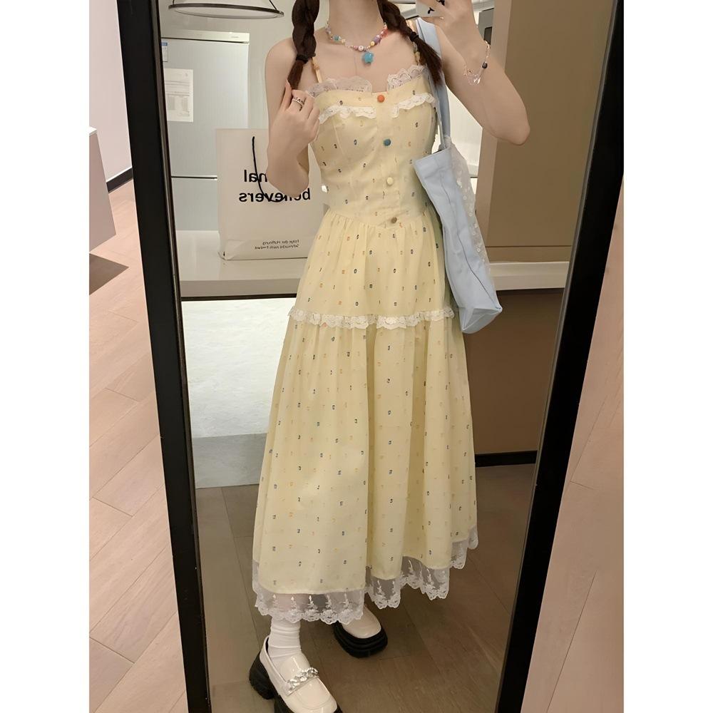Gentle and Sweet Wind Yellow Floral Suspender Dress Unique and Beautiful Temperament Waist a Word Long Dress Summer