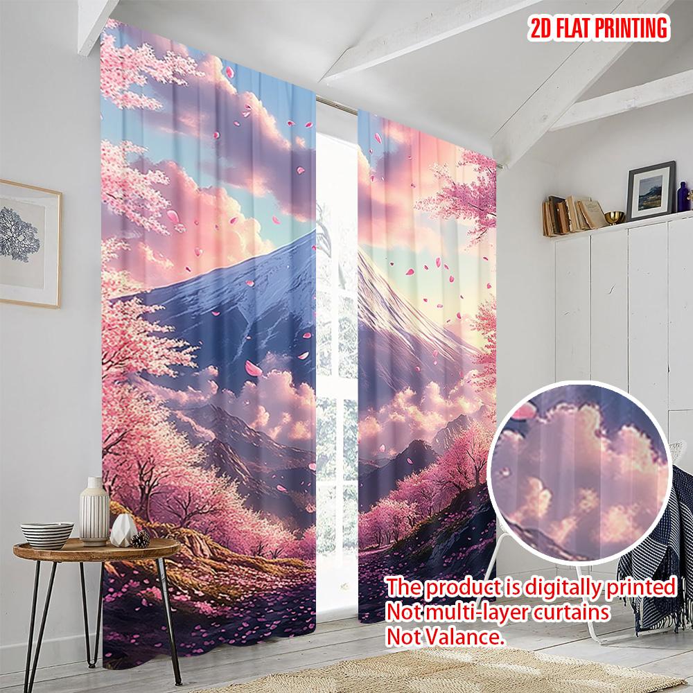2pc  2D plane printing Contemporary Curtains Cherry blossoms and Mount Fuji Polyester (without rod) All Seasons Ldeal for